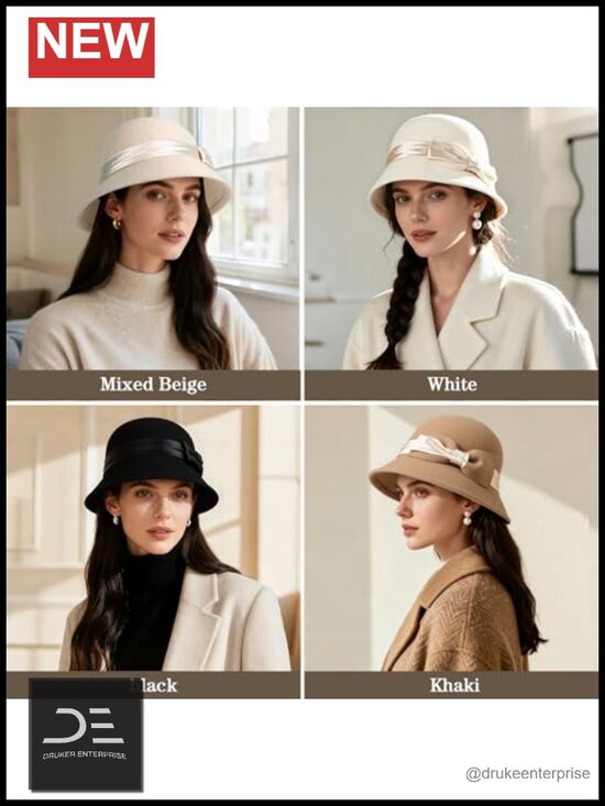 100% Wool Felt Cloche Bucket Hat Vintage Fedora Bowler for Ladies Winter Fall